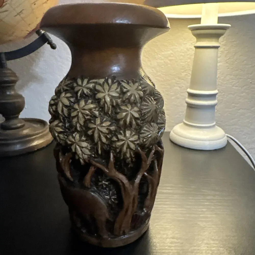 Hand Carved Wood 3D VASE Sculpture India Art Elephant Jungle Palm Tree